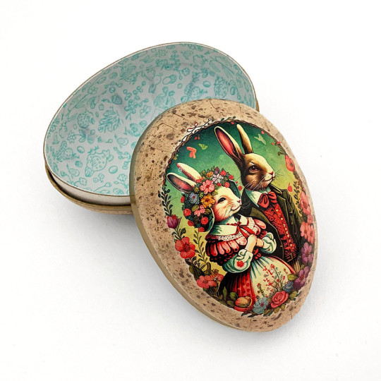 4-1/2" Folkloric Bunnies Speckled Egg Paper Mache Easter Egg Box ~ Germany